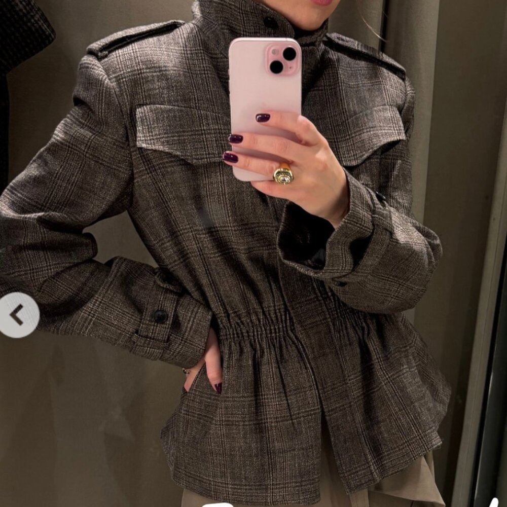 ZARA NEW WOMAN PLAID PEPLUM WOOL BLEND JACKET ZW BROWN MARL XS  9132/863 BLOGGER